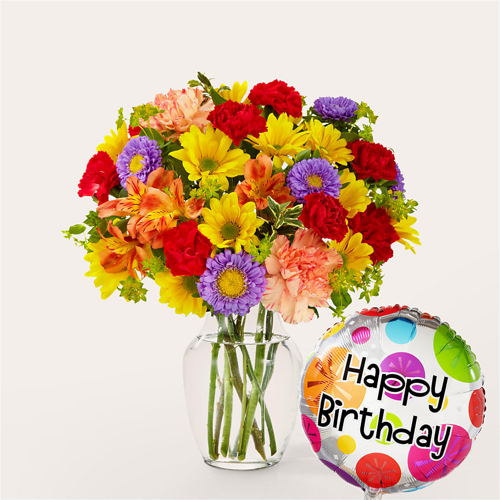 Kaleidoscope Bouquet with Birthday Balloon – M & A FLOWERS AND EVENTS, South Gate CA