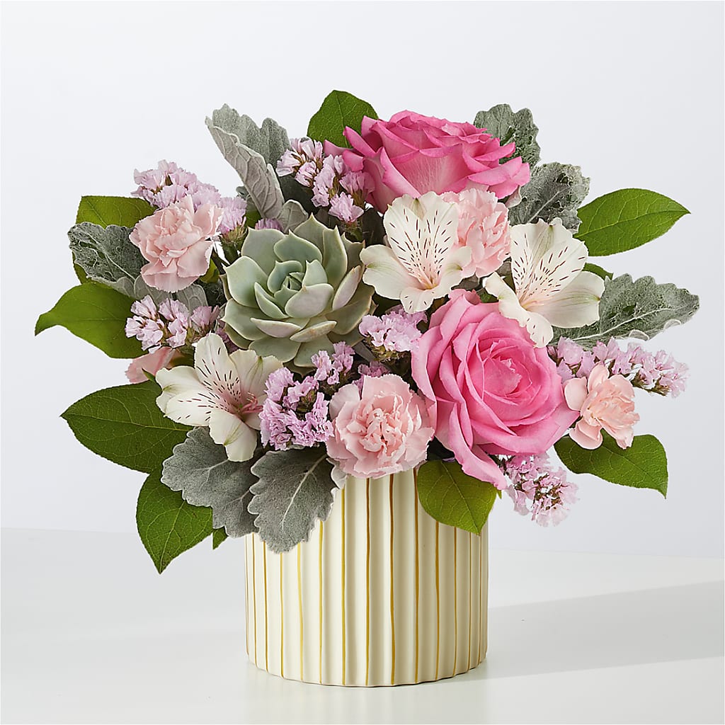 Dusty Rose Bouquet with Ivory Vase – M & A FLOWERS AND EVENTS, South Gate CA