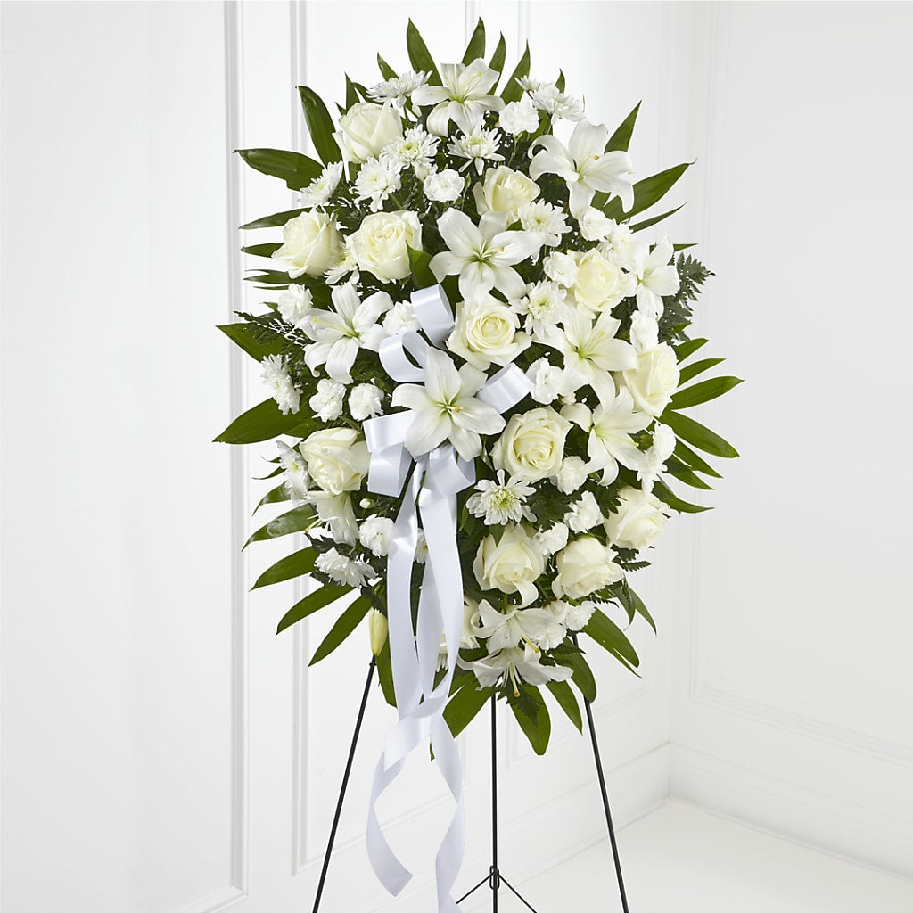 Exquisite Tribute Standing Spray-White Ribbon – M & A FLOWERS AND EVENTS, South Gate CA