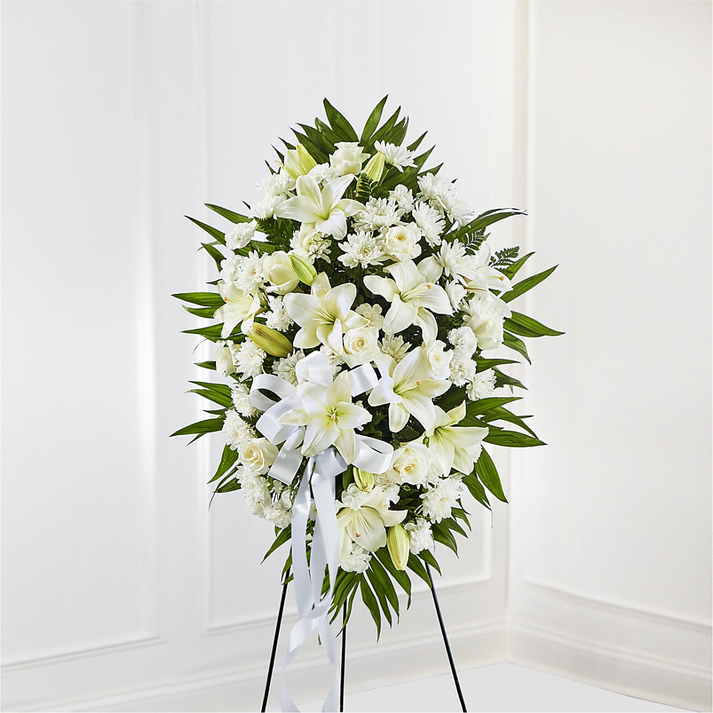 Exquisite Tribute Standing Spray-White Ribbon – M & A FLOWERS AND EVENTS, South Gate CA