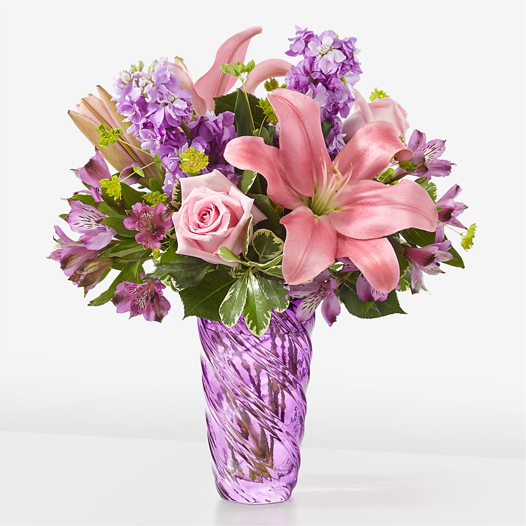 Precious Petals Bouquet with Luxe Swirl Vase – M & A FLOWERS AND EVENTS, South Gate CA
