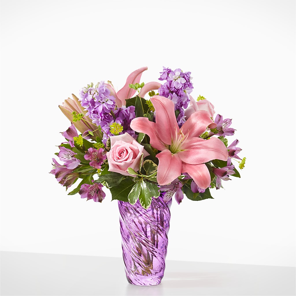 Precious Petals Bouquet with Luxe Swirl Vase – M & A FLOWERS AND EVENTS, South Gate CA